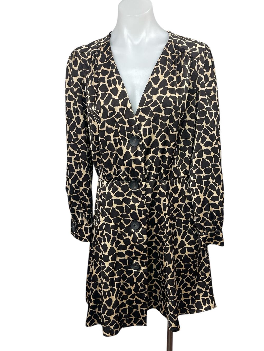 ZARA Black Animal Print Long Sleeve Mini Button Up Flare A-Line Shirt Dress Sz M